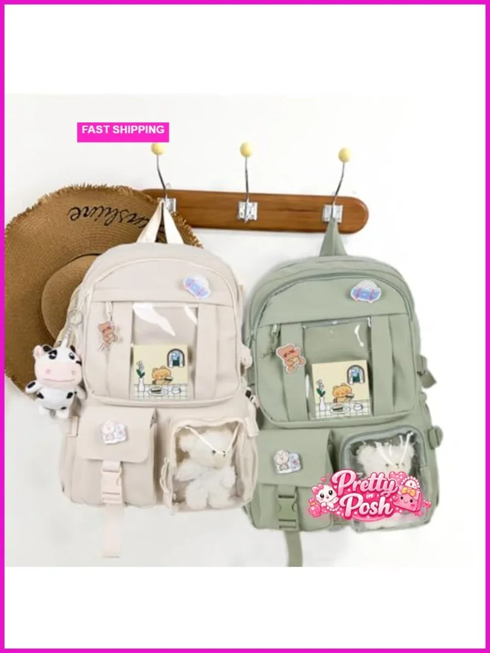 Large Capacity Kawaii Backpack with Bear Plush and Pin Accessories Aesthetic